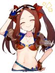  1girl bangs bikini bikini_top blue_shorts blush breasts brown_gloves brown_hair closed_eyes closed_mouth collarbone fate/grand_order fate_(series) fingerless_gloves forehead gloves goggles hair_ribbon highres jewelry leonardo_da_vinci_(fate) leonardo_da_vinci_(rider)_(fate) long_hair necklace parted_bangs puffy_short_sleeves puffy_sleeves red_bikini red_ribbon ribbon short_sleeves shorts shrug_(clothing) sidelocks small_breasts smile sofra swimsuit thighs twintails 