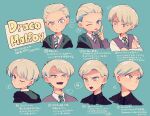  1boy age_progression amazou black_robe blonde_hair blue_eyes draco_malfoy formal harry_potter harry_potter_and_the_chamber_of_secrets harry_potter_and_the_deathly_hallows harry_potter_and_the_goblet_of_fire harry_potter_and_the_half-blood_prince harry_potter_and_the_order_of_the_phoenix harry_potter_and_the_philosopher&#039;s_stone harry_potter_and_the_prisoner_of_azkaban highres hogwarts_school_uniform one_eye_closed school_uniform short_hair slytherin smile striped striped_neckwear suit sweater translation_request 