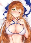  1girl bangs bare_shoulders bed_sheet bikini bikini_top blue_ribbon blush bolt_action breasts cleavage collarbone commentary_request dakimakura_(medium) eyebrows_visible_through_hair finger_to_cheek finger_to_mouth flower girls&#039;_frontline green_eyes hair_between_eyes hair_ribbon jewelry korean_commentary large_breasts long_hair looking_at_viewer lying narae on_back on_bed one_eye_closed open_mouth orange_hair petals ribbon simple_background smile solo springfield_(girls&#039;_frontline) swimsuit weapon white_bikini 