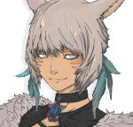  1girl animal_ears bangs blue_eyes bright_pupils brooch cat_ears choker closed_mouth face facial_mark feather_hair_ornament feathers final_fantasy final_fantasy_xiv fur_trim grey_hair hair_ornament jewelry lips looking_at_viewer miqo&#039;te short_hair smile solo tan tumubar117 whisker_markings white_pupils y&#039;shtola_rhul 