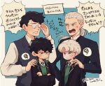  4boys albus_severus_potter amazou black_hair black_robe blonde_hair blue_eyes crossed_arms draco_malfoy father_and_son glasses green_eyes harry_james_potter harry_potter harry_potter:_the_cursed_child highres hogwarts_school_uniform long_hair multiple_boys necktie older ponytail scar scar_on_forehead school_uniform scorpius_malfoy short_hair slytherin smile sweatdrop translation_request vest younger 