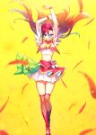  1girl arms_up boots brown_legwear crop_top cure_flamingo floating_hair grin hair_between_eyes highres knee_boots long_hair looking_at_viewer midriff miniskirt precure purple_eyes red_feathers red_footwear red_hair shiny shiny_hair skirt smile solo standing stomach takizawa_asuka thigh_gap thighhighs tropical-rouge!_precure very_long_hair white_skirt yellow_background yuzu_sato 