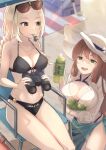  2girls absurdres bikini binoculars black_bikini blonde_hair braid breasts brown_hair eyewear_on_head front-tie_bikini front-tie_top girls&#039;_frontline green_eyes green_sarong grey_hair hair_rings hat highres large_breasts long_hair low_braid medium_breasts multiple_girls navel ponytail sakana-ko sarong serdyukov_(girls&#039;_frontline) sidelocks springfield_(girls&#039;_frontline) sunglasses swimsuit twin_braids whistle white_bikini white_headwear 