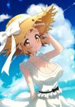  1girl bare_shoulders blonde_hair breasts cloud day dress hand_on_headwear hat highres large_breasts looking_at_viewer orange_eyes scar scar_on_chest senki_zesshou_symphogear short_hair sky sleeveless sleeveless_dress smile solo straw_hat sun_hat sundress tachibana_hibiki_(symphogear) white_dress 