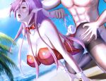  1boy 1girl all_fours alternate_costume animal_ears azur_lane backless_leotard bare_shoulders black_legwear blush breasts cleavage detached_collar duke_of_york_(azur_lane) fake_animal_ears gosama highres huge_breasts implied_sex leotard open_mouth outdoors pantyhose playboy_bunny purple_hair rabbit_tail red_eyes red_leotard strapless strapless_leotard tail thighband_pantyhose 