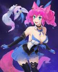  1girl animal_ears bare_shoulders blue_eyes breasts bustier choker cleavage commission detached_collar detached_sleeves drill_hair facial_mark fangs fingerless_gloves fox_ears fox_tail gloves large_breasts league_of_legends leaning_forward open_mouth original pink_hair short_hair solo star_guardian_(league_of_legends) tail thighhighs twin_drills unsomnus whisker_markings 