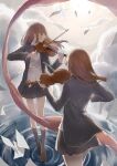  2girls back bangs black_legwear bow bowtie candy_(pixiv15231759) closed_eyes cloud highres holding holding_instrument instrument multiple_girls music original paper playing_instrument ribbon school_uniform skirt standing standing_on_liquid sunlight thighhighs violin water_surface wind 