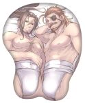  2boys abs bandages bara bare_pectorals beard brown_hair bulge bulge_mousepad eugen_(granblue_fantasy) eyepatch facial_hair from_below granblue_fantasy loincloth long_hair looking_at_viewer male_focus mature_male mousepad_(medium) multiple_boys muscular muscular_male mustache nipples norazo on_bed pectorals ponytail rackam_(granblue_fantasy) revealing_clothes scar scar_on_chest thick_thighs thighs 