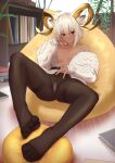  1girl animal_ear_fluff animal_ears arknights bangs bare_shoulders bean_bag_chair beeswax_(arknights) beeswax_(weisser_sand)_(arknights) beeswax_(weisser_sand)_(arknights)_(cosplay) black_legwear book breasts cardigan carnelian_(arknights) closed_mouth commentary cosplay dark-skinned_female dark_skin english_commentary eyebrows_visible_through_hair feet full_body goat_ears goat_girl goat_horns gusset hand_on_own_cheek hand_on_own_face hand_on_own_stomach highres horns indoors knee_up legs long_sleeves looking_at_viewer lying medium_breasts nev_(nevblindarts) no_shoes off_shoulder on_back open_cardigan open_clothes pantyhose plant puffy_long_sleeves puffy_sleeves red_eyes short_hair solo thighband_pantyhose white_cardigan white_hair 
