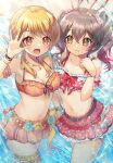  2girls :d ahoge aimoto_rinku arm_strap bangs bare_shoulders beach belt bikini bikini_skirt black_belt blonde_hair blush bracelet braid breasts brown_hair bunny_hair_ornament cleavage closed_mouth collarbone commentary_request cowboy_shot crossed_bangs crown_braid d4dj daken-chan drill_hair eyebrows_visible_through_hair flower french_braid frilled_bikini frills glint gradient_hair groin hair_between_eyes hair_flower hair_ornament hair_scrunchie hand_up holding_hands jewelry long_hair looking_at_another looking_at_viewer low_twintails medium_breasts midriff miniskirt multicolored_hair multiple_girls navel ocean ohnaruto_muni open_mouth orange_bikini orange_skirt pink_bikini pink_hair pink_skirt pleated_skirt polka_dot polka_dot_bikini red_eyes scrunchie shell_necklace sidelocks skirt small_breasts smile standing swimsuit thigh_strap twin_drills twintails yellow_eyes 
