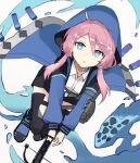  1girl :o antenna_hair arknights bangs black_footwear black_legwear black_shorts blue_eyes blue_jacket blue_poison_(arknights) exion_(neon) from_above hair_between_eyes holding_crossbow jacket long_hair looking_at_viewer open_mouth pink_hair shoes short_twintails shorts simple_background solo thighhighs twintails water white_background 