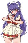  1girl apron bangs blush breasts chigasaki_y chinese_clothes double_bun dress eyebrows_visible_through_hair fist_in_hand floral_print frills highres long_hair looking_at_viewer maid medium_breasts open_mouth purple_hair ranma_1/2 red_dress red_eyes shampoo_(ranma_1/2) short_dress simple_background solo white_apron white_background 