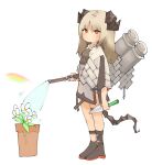  1girl annoyed arknights bare_legs black_dress black_footwear brown_hair cloak closed_mouth dress flamethrower flower from_side full_body hair_between_eyes highres holding holding_weapon horns ifrit_(arknights) looking_at_viewer looking_to_the_side pencil_dress plant rainbow red_eyes shoes short_dress short_hair simple_background soda_(sod4) solo thighs v-shaped_eyebrows watering weapon white_background white_cloak white_flower 