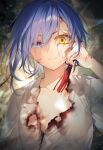  1girl blood blood_on_face blue_eyes blue_hair closed_mouth fingernails floating_hair glowing glowing_eye hair_between_eyes hand_up heterochromia looking_at_viewer medium_hair sakuya_(seiken_gakuin_no_maken_tsukai) seiken_gakuin_no_maken_tsukai shirt solo spoilers tassel toosaka_asagi torn_clothes upper_body white_shirt wide-eyed yellow_eyes 