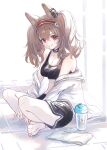  1girl angelina_(arknights) animal_ear_fluff animal_ears arknights bare_legs barefoot black_shorts black_sports_bra bottle breasts brown_hair choker cleavage closed_mouth commentary_request dolphin_shorts earpiece fox_ears full_body hairband highres infection_monitor_(arknights) jacket long_hair long_sleeves looking_at_viewer nanaponi off_shoulder red_eyes red_hairband shorts sitting smile soles solo sports_bra striped striped_hairband tile_floor tiles toes twintails white_jacket 