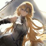  1girl armor armored_dress bangs bare_shoulders blonde_hair blue_eyes breasts candy_(pixiv15231759) chain fate/apocrypha fate/grand_order fate_(series) flag headpiece highres jeanne_d&#039;arc_(fate) jeanne_d&#039;arc_(fate)_(all) long_hair looking_at_viewer simple_background smile solo upper_body white_background 