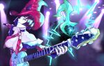  arqa black_hair breasts cleavage electric_guitar electricity guilty_gear guilty_gear_xrd guitar hat i-no instrument o-ring short_hair very_short_hair witch_hat 