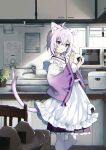  1girl ahoge animal_ears apron cat_ears cat_tail food hololive kitchen microwave negiyan nekomata_okayu official_alternate_costume onigiri purple_eyes purple_hair rice_cooker sink tail virtual_youtuber wide_sleeves 