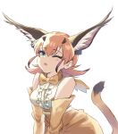  1girl animal_ear_fluff animal_ears azuma_11_ma bangs blue_eyes brown_gloves brown_neckwear brown_skirt caracal_(kemono_friends) center_frills commentary_request elbow_gloves extra_ears eyebrows_visible_through_hair fang frills gloves half-closed_eye high-waist_skirt highres kemono_friends light_brown_hair looking_at_viewer medium_hair one_eye_closed open_mouth shirt simple_background skin_fang skirt sleeveless sleeveless_shirt solo tail white_background white_shirt 