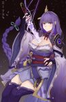  1girl armor bangs braid breasts bridal_gauntlets cleavage closed_mouth commentary_request electricity english_text flower genshin_impact hair_ornament holding holding_sword holding_weapon japanese_clothes kimono large_breasts long_hair looking_at_viewer obi obiage obijime purple_eyes purple_flower purple_hair purple_nails raiden_shogun ribbon sash shoulder_armor simple_background solo styx_mo_yu sword tassel thighhighs very_long_hair weapon wide_sleeves 