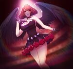  1girl angel_wings anna_(frozen) bangs bare_legs bare_shoulders black_gloves black_skirt black_wings breasts brown_hair eyebrows_behind_hair eyebrows_visible_through_hair flower gloves illusion_connect light open_mouth raoul_(raoul77) red_eyes short_hair skirt smile solo wings 