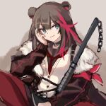  1girl animal_ears arknights axe bangs bear_ears black_skirt blue_eyes brown_hair closed_mouth exion_(neon) fur-trimmed_jacket fur_trim hair_between_eyes hand_on_own_cheek hand_on_own_face jacket leggings long_hair looking_at_viewer multicolored multicolored_hair red_jacket red_legwear school_uniform shirt sitting skirt smile solo streaked_hair white_shirt zima_(arknights) 