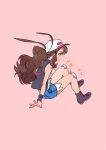  1girl baseball_cap boots brown_hair from_side full_body grey_footwear grey_vest hagetapo hat hilda_(pokemon) long_hair pink_background pokemon pokemon_(game) pokemon_bw ponytail shirt short_shorts shorts sidelocks simple_background sleeveless sleeveless_shirt solo vest white_shirt wristband 