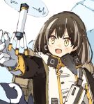  1girl :d arknights bangs brown_hair drone exion_(neon) gloves hair_between_eyes jacket long_hair magallan_(arknights) multicolored_hair open_mouth short_hair sketch smile solo streaked_hair white_background white_gloves yellow_eyes 