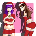 2girls annoyed breasts christmas christmas_stocking cleavage clenched_teeth fate/grand_order fate/stay_night fate_(series) hat highres looking_at_viewer matou_sakura multiple_girls navel santa_costume santa_hat teeth tohsaka_rin 