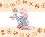  :o ahoge animal_ears bangs black_legwear blunt_bangs blush brown_background candy cat_boy cat_ears cat_tail collared_shirt commentary_request cookie danganronpa_(series) danganronpa_2:_goodbye_despair food food_in_mouth from_side galaga green_jacket highres hinata_hajime holding holding_another jacket komaeda_nagito lollipop looking_at_another looking_up medium_hair miniboy miniskirt mouth_hold nanami_chiaki nappeungae_(motdan_gae) necktie pink_footwear pink_hair pleated_skirt shiny shiny_hair shirt shoes skirt sweat tail thighhighs white_background white_shirt 