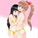  2girls :d ass bangs bare_arms bare_shoulders bikini black_hair blush bow brown_hair closed_mouth commentary_request eyebrows_visible_through_hair groin hair_between_eyes hair_bow high_ponytail highres hug mayafufu multiple_girls navel open_mouth original ponytail purple_eyes red_bow red_eyes side-tie_bikini smile swimsuit upper_teeth yellow_bikini yuri 