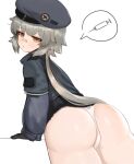  1girl ass bandaid bandaid_on_nose bangs beret black_gloves black_jacket brown_eyes commentary_request dokomon fur_trim girls&#039;_frontline gloves grey_hair hat highres hs2000_(girls&#039;_frontline) jacket korean_commentary long_hair looking_at_viewer looking_back panties solo spoken_symbol syringe underwear white_background white_panties 