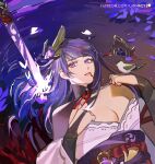  1girl armor bangs bird bird_on_hand blood blood_from_mouth breasts bridal_gauntlets cleavage closed_mouth commentary electricity english_commentary flower genshin_impact hair_ornament japanese_clothes katana kimono lanhacy large_breasts long_hair looking_at_viewer mole mole_under_eye obi obijime open_mouth purple_eyes purple_flower purple_hair raiden_shogun ribbon sash shoulder_armor simple_background smile solo sword weapon 