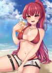  1girl anchor_print arrow_through_heart bangs beach bikini bikini_under_clothes blush breasts cup dolphin_shorts drink drinking_glass drinking_straw eyebrows_visible_through_hair fang heart heart_necklace heterochromia highres holding holding_cup holding_drink hololive houshou_marine ice ice_cube long_hair looking_at_viewer medium_breasts navel no_eyewear no_jacket ocean official_alternate_costume open_mouth ponytail red_bikini red_eyes red_hair sand shizuku-41 shorts sitting smile solo swimsuit thigh_strap virtual_youtuber water wet yellow_eyes 