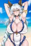  1girl absurdres animal_ears areola_slip areolae armlet armpits arms_behind_head arms_up bangs bare_shoulders beach blue_sky blush braid breasts cleavage collarbone covered_navel covered_nipples erune gggg granblue_fantasy hair_between_eyes hair_tubes heles highres large_breasts long_hair looking_at_viewer ocean outdoors sand sidelocks silver_hair single_braid sky smile solo swimsuit very_long_hair water white_swimsuit yellow_eyes 