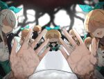  1other 6+girls bare_shoulders black_gloves blonde_hair bow character_name chibi coat dress elbow_gloves english_commentary faceless faceless_female gloves green_ribbon green_skirt grey_hair hair_bow hands_up highres lendivere long_hair multiple_girls multiple_persona nijisanji nijisanji_en no_eyes open_mouth pointy_ears pomu_rainpuff popped_collar pov ribbon shaded_face silver_hair skirt smile smille smirk virtual_youtuber walfie_(style) 