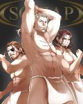  3boys abs arms_up bara beard brown_hair eugen_(granblue_fantasy) eyepatch facial_hair flexing from_below granblue_fantasy large_pectorals loincloth long_hair male_focus male_underwear manly mature_male multiple_boys muscular muscular_male mustache navel nipples no_nipples norazo old old_man pectorals pelvic_curtain ponytail pose rackam_(granblue_fantasy) scar scar_on_chest soriz stomach thighs underwear underwear_only white_hair white_male_underwear 