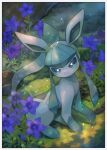  blush border closed_mouth commentary_request flower gen_4_pokemon glaceon grass green_eyes highres kikuyoshi_(tracco) no_humans pokemon pokemon_(creature) purple_flower sitting smile solo toes white_border 