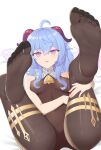  1girl absurdres ahoge bangs bell black_legwear blue_hair bodystocking breasts dongye1551 eyebrows_visible_through_hair ganyu_(genshin_impact) genshin_impact gold_trim hand_on_own_knee highres horns hugging_own_legs legs legs_up long_hair looking_at_viewer medium_breasts multicolored multicolored_eyes neck_bell no_shoes open_mouth sidelocks soles solo thighs toes 