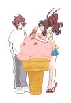  1boy 1girl antenna_hair bangs blue_shorts blush brown_eyes brown_hair commentary_request eyebrows_visible_through_hair flip-flops food grey_pants hagetapo hand_in_pocket high_ponytail hilbert_(pokemon) hilda_(pokemon) holding ice_cream ice_cream_cone long_hair pants pink_footwear pokemon pokemon_(game) pokemon_bw sandals shirt shoes short_hair short_sleeves shorts sidelocks sneakers standing t-shirt tiptoes white_footwear white_shirt yellow_shirt 