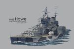  anchor battleship cannon english_text grey_background highres hms_howe_(battleship) military military_vehicle missile_pod no_humans original royal_navy ship shiro_yukimichi smokestack turret warship watercraft waves 