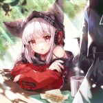 1girl animal_ears arknights arm_support arms_on_table bare_shoulders black_headwear blush coffee_mug commentary cup dappled_sunlight doctor_(arknights) drooling ears_through_headwear eyebrows_visible_through_hair eyelashes eyes_visible_through_hair food fox_ears frostleaf_(arknights) head_tilt headphones highres implied_extra_ears jacket leaf light_particles long_hair long_sleeves looking_at_viewer mug nail_polish ninjinshiru off_shoulder oripathy_lesion_(arknights) out_of_frame parted_lips red_eyes red_jacket saliva sandwich solo_focus sunlight symbol-only_commentary table white_hair 