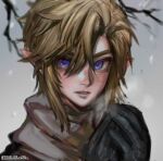  1boy alternate_costume bangs bibabunie black_gloves blue_eyes blush branch breath gloves hair_between_eyes hands_together highres light_brown_hair link male_focus parted_lips pointy_ears portrait scarf snowing solo the_legend_of_zelda the_legend_of_zelda:_twilight_princess twitter_username 