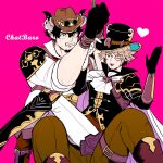  2boys animal_ears ascot barawa beard blush boots bound bound_wrists brown_pants chat_noir_(granblue_fantasy) cow_boy cow_ears cow_horns draph facial_hair goatee granblue_fantasy hat heart horns male_focus mature_male multiple_boys muscular muscular_male one_eye_closed pants pectorals rope round_eyewear short_hair sitting sitting_on_lap sitting_on_person sleeves_rolled_up top_hat torihuhu 
