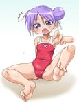  bad_feet barefoot blue_eyes double_bun feet hair_ribbon hiiragi_kagami hirokawa_kouichirou lucky_star one-piece_swimsuit pubic_hair purple_hair ribbon solo swimsuit 