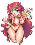  bikini blush breasts breath_of_fire breath_of_fire_ii cleavage covered_nipples crown dr.p hat large_breasts long_hair lowres one_eye_closed red_eyes red_hair sana shaman solo swimsuit white_background 