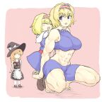  3girls abs alice_margatroid bangs barefoot bike_shorts black_headwear black_skirt black_vest blonde_hair blue_dress blue_eyes blue_shorts blue_sports_bra blush boots bow braid brown_footwear capelet carrying closed_eyes closed_mouth commentary_request cookie_(touhou) dress eyebrows_visible_through_hair frilled_hairband frills full_body hair_bow hairband hat hat_bow height_difference ichigo_(cookie) kirisame_marisa long_hair looking_at_another mary_janes multiple_girls muscular muscular_female open_mouth piggyback pink_hairband puffy_short_sleeves puffy_sleeves red_sash sakuranbou_(cookie) sash shirt shoes short_hair short_sleeves shorts side_braid single_braid skirt sleeveless sleeveless_dress smile socks sports_bra squatting star_(symbol) suzu_(cookie) touhou vest white_bow white_capelet white_legwear white_shirt witch_hat yma 