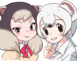  2girls alpine_marmot_(kemono_friends) animal_ears beige_sweater blush bow bowtie brown_hair close-up collared_shirt commentary_request extra_ears eyebrows_visible_through_hair ieinu_account jacket kemono_friends light_brown_hair looking_at_viewer multicolored_hair multiple_girls necktie nose_blush red_neckwear shirt short_hair squirrel_ears squirrel_girl stoat_(kemono_friends) stoat_ears stoat_girl white_hair white_jacket white_neckwear white_shirt 
