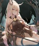  arknights garter horns nipples pointy_ears ru_zhai shining_(arknights) swimsuits torn_clothes weapon wet 
