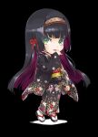  1girl bangs bishoujo_mangekyou black_background black_hair black_kimono blunt_bangs blush chibi colored_inner_hair eyebrows_visible_through_hair eyelashes floral_print full_body geta green_eyes hair_ribbon hairband happoubi_jin hime_cut japanese_clothes kimono long_hair looking_at_viewer multicolored_hair obi open_mouth print_kimono red_ribbon renge_(bishoujo_mangekyou) ribbon sash simple_background smile socks solo third-party_edit white_legwear wide_sleeves zouri 